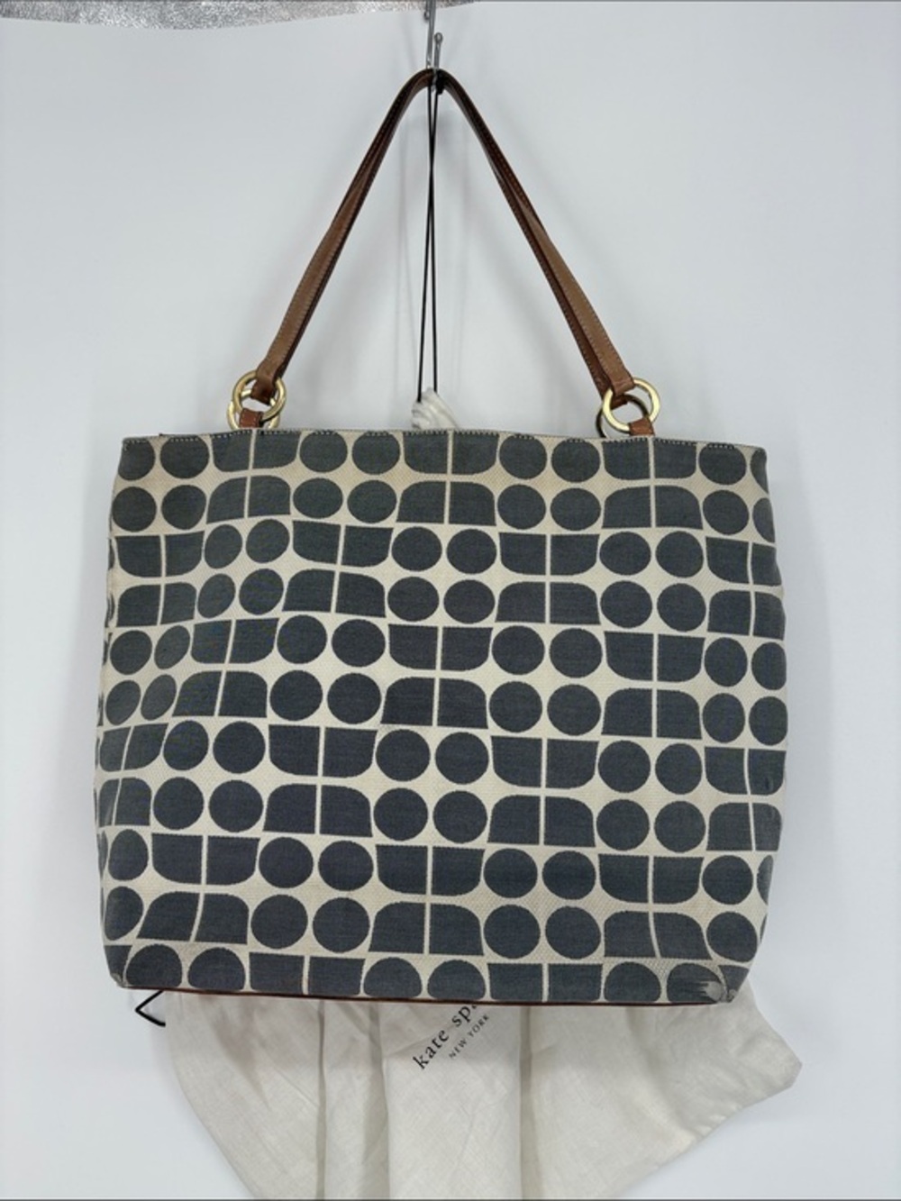 🗄️ kate spade Black & Cream Geometric Canvas Tote with Brown Leather Handles